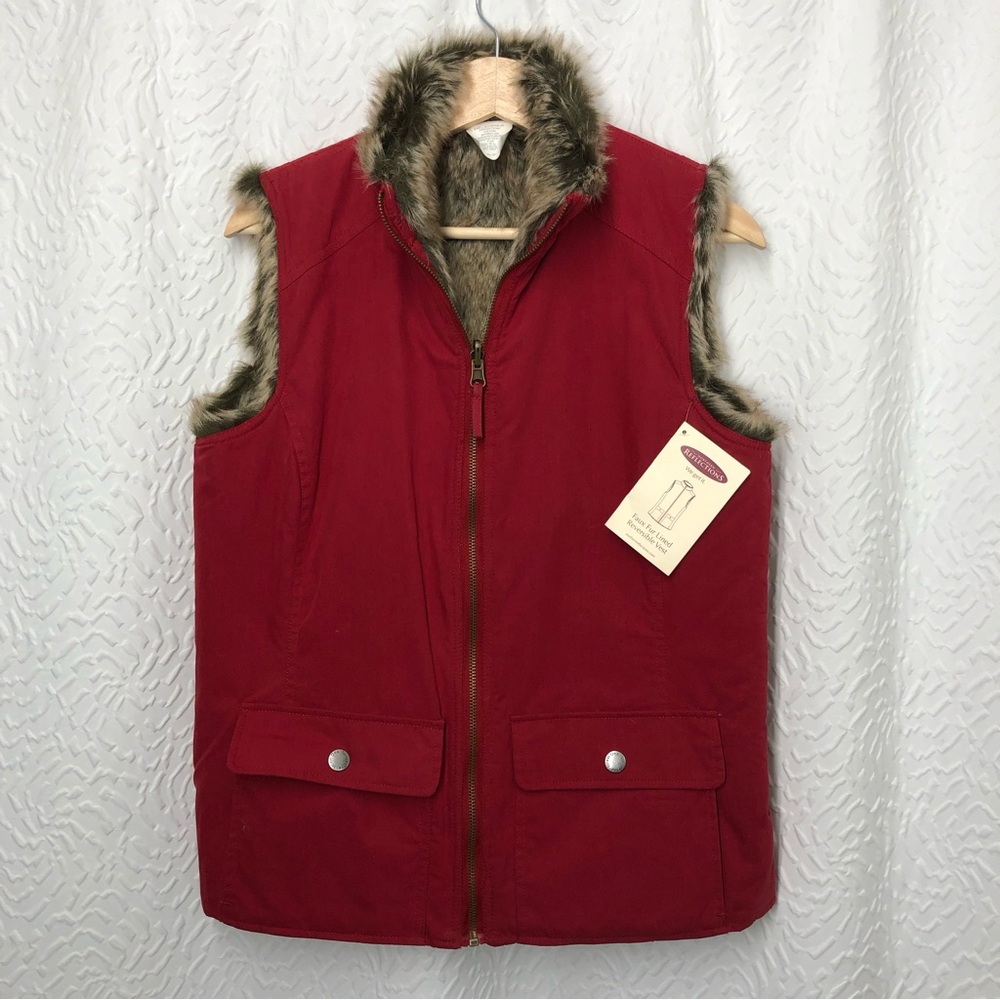 BNWT Northern Reflections Red Faux Fur Lined Reversible Zip-Up Vest